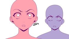 an anime character with two different facial expressions, one in pink and the other in purple