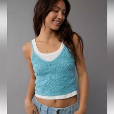 American Eagle V-Neck Crochet Sweater Tank New With Tags Machine Washable Crochet V-neck Top For Summer, Summer V-neck Crochet Top For Layering, Casual Crochet Top For Summer Layering, Casual Summer Crochet Top For Layering, Spring V-neck Crochet Top For Layering, Sweater Tank, Sweater Tank Top, Women's Sweaters, Mens Outfitters