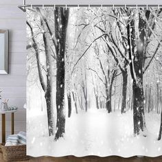 black and white shower curtain with snow falling on the ground in front of some trees