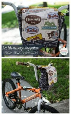 an orange bike with a messenger bag attached to the handlebars is shown in two different pictures