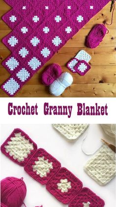 the crochet granny blanket is laying on the floor next to yarn and balls of yarn