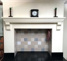 a fireplace with a clock on top of it