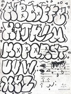 graffiti alphabets and numbers drawn in black ink on white paper with the words written below them