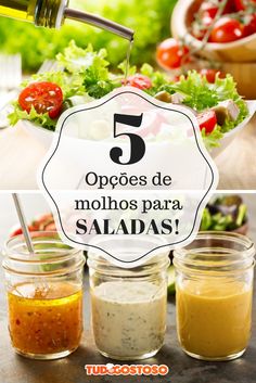 five different types of salads with the words 5 oppoes de molhos para saladas