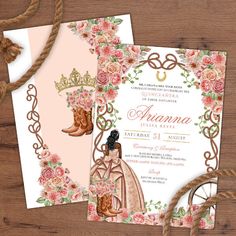 an image of a wedding card with flowers and boots on the front, along with a rope