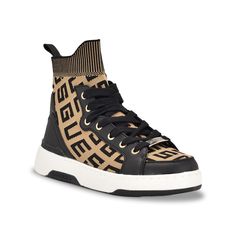 Guess-Mannen Sneaker Set the fashion bar high when you go out in the Mannen sneaker by Guess. The high-top sneaker has a comfortable knit fabric upper sporting a repeat signature text that looks iconic. An EVA footbed and rubber sole support every step. Adventurous Lifestyle, Black High Top Sneakers, High Fashion Looks, Flat Shoe, Browning Logo, Knit Lace, Sneakers Mode, Black High Tops, Famous Footwear