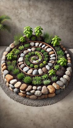 a circular garden design made out of rocks and stones with plants in the center on top