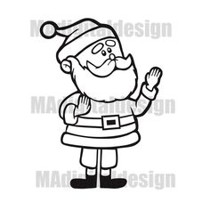 black and white cartoon santa claus character with hand in his pocket, waving at the viewer