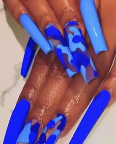 Blue Camo Nails Acrylic, Camo Nails Acrylic, Blue Camo Nails, Blue Coffin Nail Ideas, Long Blue Acrylic Nails, Camo Acrylic Nails, Long Blue Nails, Pandora Nails, Drippy Nails