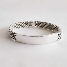 MADE TO ORDER Hand-Woven Men's Bracelet. This bracelet is hand-woven so it takes few days to be created. Please allow 15 business days for shipping. Thanks for your patience. Handcrafted to present a woven texture, these heavy-duty silver ID bracelets for men are stylish, sophisticated and streamlined for greatness. Finished with blank plates that can be engraved, the woven chain bracelets make exquisite personalized gift ideas for dads, husbands and male friends on special occasions such as bir Keep Bracelet, Braids With Weave, Handcrafted Bracelets, Id Bracelets, Bracelet For Men, Sterling Silver Mens, Gorgeous Bracelet, Braided Bracelets, Bracelet Sizes