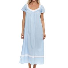 These cotton night gowns for adult women from Alexander Del Rossa is comfortable, durable, and classy. Made from a premium 100% cotton fabric, these vintage looking women's lightweight cotton nightgowns are breathable and easy on the skin. Designed with you in mind, this victorian nightgown is perfect for lounging around the house - even when guests are present. Cotton lace trim adorn the neckline and narrow lace trim the short sleeve cuffs. Front and back both gathered flowing into a long A-lin Old Lady Nightgown, Blue Nightgown, Victorian Nightgown, Female Features, White Nightgown, Cotton House, Night Gowns, Cotton Nightgown, One Piece Clothing