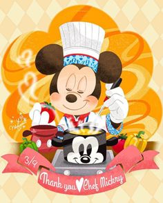 a mickey mouse cooking on top of a stove with a sign that says thank you chef mickey