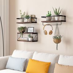 a living room filled with lots of furniture and plants on top of shelving units