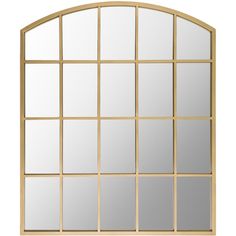 an arched window with multiple panes and mirrors on the outside, all in gold