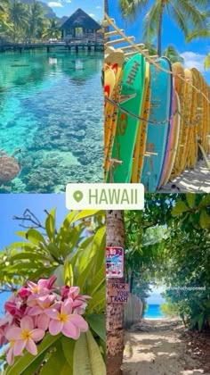 there are three different pictures with the words hawaii on them and in front of some water