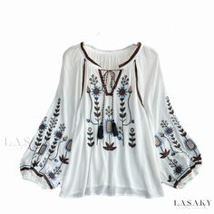 Lasaky - Vintage Loose Fringe Embroidered Lantern Sleeve Doll Top with Round Neck and Pullover Shirt Fringed Embroidery, Lantern Sleeved Blouses, Doll Collar, Casual Tie, Top Round, Round Neck Tops, Pullover Designs, Pullover Shirt, Women Shirts Blouse