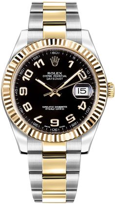 116333 | N116333-0004 ROLEX DATEJUST II MEN'S LUXURY WATCH Store Display Model (What's This?) - Free Overnight Shipping - With Manufacturer Serial Numbers - Swiss Made - Black Dial - Arabic Numeral Hour Markers - Solid 18k Yellow Gold Fluted Bezel - Date Feature - Self-winding Automatic Chronometer Movement - 6 Year Warranty - Guaranteed Authentic - Certificate of Authenticity - Manufacturer Box - Solid 18k Yellow Gold with 904L Oystersteel Stainless Steel Case & Oyster Bracelet - Scratch Resistant Sapphire Crystal - 100 Meters / 330 Feet Waterproof - 41mm = 1 5/8" Case, Will Fit up to 7.5" Wrist - Deployment Buckle - Screw Down Crown & Caseback - Free Bracelet Sizing     Also Known As Model # 116333-BLKAO Men Illustration, Rolex Presidential, Rolex Datejust Ii, Datejust Ii, Men Stuff, Watches Collection, Oyster Perpetual Datejust, Rolex Watches For Men, Rolex Men