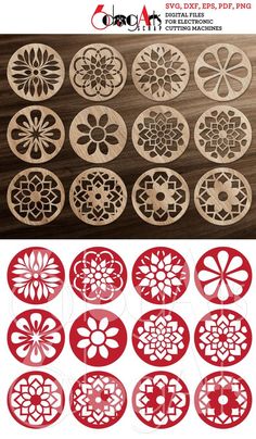 paper cut designs with flowers and circles on the bottom, in various sizes and colors