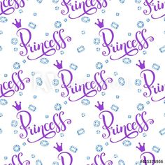 seamless pattern with the words princess and crowns on white background for wallpaper or fabric