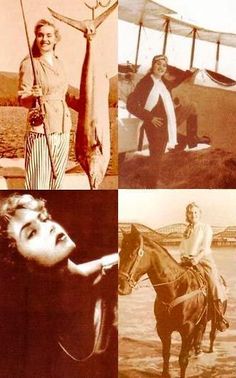 an old photo shows four different women and one man on horseback, in front of a plane