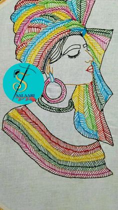 a woman's face with colorful hair and earrings on her head is featured in this embroidery pattern