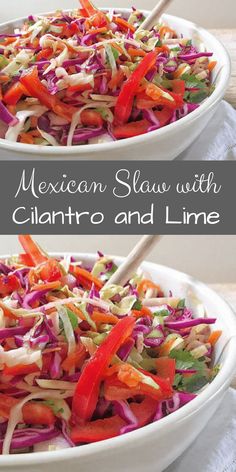 mexican slaw with cilantro and lime in a white bowl