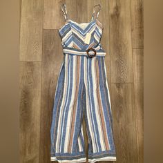 Monteau Spaghetti Strap Striped Jumpsuit Blue Navy Brown Medium. One-Piece Jumpsuit Is Blue/Navy/Brown/Cream Striped With A Dark Brown Belt Buckle Blue Summer Jumpsuits And Rompers With Adjustable Straps, Blue Cotton Jumpsuit With Adjustable Straps, Blue Cotton Jumpsuits And Rompers With Adjustable Straps, Blue Jumpsuits And Rompers With Adjustable Straps For Summer, Blue Sleeveless Jumpsuit With Adjustable Straps, Casual Blue Jumpsuits And Rompers With Spaghetti Straps, Casual Blue Jumpsuits With Spaghetti Straps, Polka Dot Jumpsuit, Jumpsuit Blue