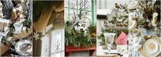 the collage shows different types of christmas decorations and dishes hanging on windowsills