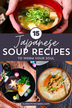 3 pictures of Japanese soups including miso soup, clear soup and chicken miso soup Japanese Soup Recipes, Popular Soups, Vegetarian Asian, Asian Soup Recipes, Soup Ideas, Clear Soup