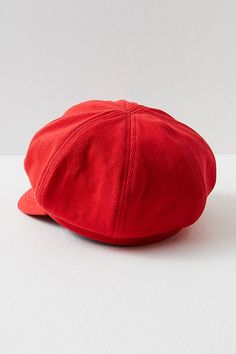 This vintage-inspired lieutenant cap is the perfect go-with-everything accessory. **Features:** Fitted style, textured denim fabrication, stitched detailing, slouchy top, and a short brim **Why We | Bowery Slouchy Lieutenant Hat by FP Collection at Free People in Red Red Cotton Hat For Fall, Slouchy Red Hat For Winter, Red Slouchy Hat For Winter, Red Cotton Flat Cap Hat, Cute Red Brimmed Hat, Red Cotton Flat Cap, Red Vintage Outdoor Hat, Slouchy Red Winter Hat, Slouchy Top