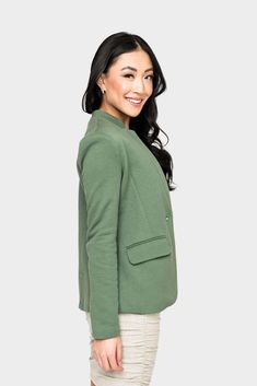 Your desk isn't the only place you can wear this versatile blazer cut with a minimized notched collar, this jacket is the perfect layer to refresh your look. Made with a soft stretchy knit and soft lining for all-day comfort. 56% Cotton | 44% Polyester Delicate Wash Cycle, Dry Flat. Length 25 3/4" (size small) If between sizes size down for a fitted look or up for a relaxed fit Jing is 5'8 and wearing size XXS in Black, Pink Smoke, Neon BerryTaylor is 5'8 and wearing size XS in Heather Grey Berry Red Lipstick, Sweatshirt Blazer, Black And Grey Rose, Womens Business, Luxe Lounge, Night Tops, Ruffle Trim Dress, Womens Business Casual, Notch Collar