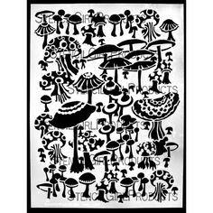 an old black and white drawing with many different things in the background, including umbrellas