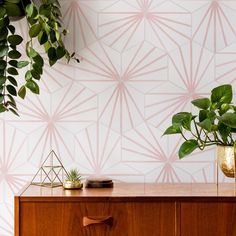 two plants are sitting on top of a wooden cabinet in front of a wall with geometric designs