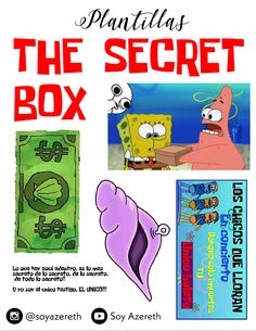 an advertisement for the secret box featuring spongebob and other cartoon characters, including one with