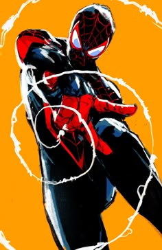 a painting of a spider - man in black and red with white lines around him