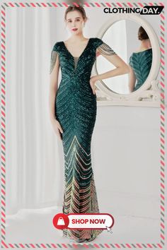 Summer Elegant Green V Neck Tassels Short Sleeve Sequins Stripe Mermaid Evening Dress Green Mermaid Evening Dress, Elegant Green Mermaid Dress, Glamorous Green Fishtail Evening Dress, Glamorous Green Fishtail Dress, Green Mermaid Hem Dress, Glamorous Green Mermaid Hem Dress, Green Sequined Fishtail Dress, Glamorous Green Mermaid Dress, Green Sequin Fishtail Dress