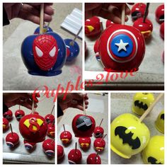 several pictures of different types of candy with spiderman faces on them, including apples and cherries