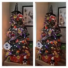 two pictures of a decorated christmas tree