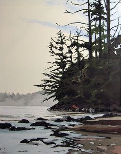 an oil painting of trees and rocks on the beach