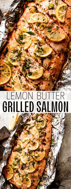 grilled salmon with lemons and herbs on top is shown in two different views