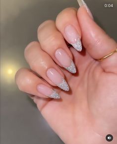 Short Birthday Nails Oval, Almond Shape Nails With Glitter Tips, Sparkly Nails Black Women, Velvet French Tip Nails, Formal Nail Ideas, Sparkly Almond Nails, French Nails Glitter, Sparkly Acrylic Nails, Glitter French Nails