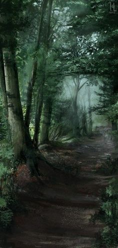 a painting of a path in the woods