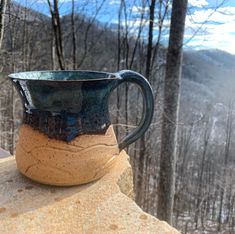 a brown and black cup sitting on top of a rock