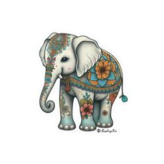 an elephant with flowers painted on it's back