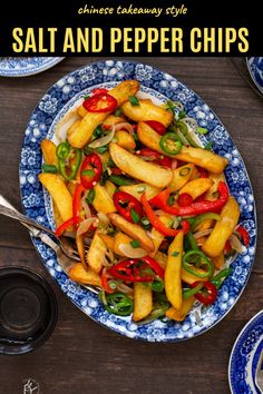 a blue and white plate topped with sliced bell peppers