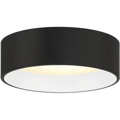 a black and white ceiling light with an oval design on the bottom, which is lit up