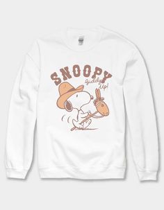 Peanuts Snoopy Giddy Up Unisex Crewneck Sweatshirt. Large Graphic On Front. Crew Neck. Long Sleeve. 50% Cotton, 50% Polyester. Machine Wash.this Item Is Unisex Fit And Sizing.officially Licensed.this Item Is Made To Order And May Take A Few Extra Days To Process. All Other Products In Your Order Will Be Shipped Separately. Snoopy Sweaters, Snoopy Sweatshirt, Snoopy Items, Snoopy Sweater, Snoopy Stuff, Overalls Boys, Chino Pants Women, Wwe T Shirts, Boys Graphic Tee