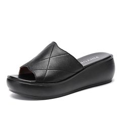 These Aurora women's platform slippers by USS Shoes feature genuine leather uppers, a patterned geometric design, and a TPU outsole. Fitting true to size, are finished with a lightweight and flexible latex insole. The platform wedge gives them a fashionable edge while providing comfortable support, making them perfect for both indoor and outdoor wear. They are soft and comfortable, wear your best color black, green or red, and you will look stylish. Leather Platform Slippers With Wedge Heel, Modern Slip-on Platform Slippers, Summer Leather Closed Toe Platform Loafers, Trendy Leather Platform Slippers With Textured Footbed, Open Toe Slip-on Platform Slippers, Comfortable Synthetic Platform Slippers With Flat Heel, Open Toe Platform Slippers With Rubber Sole, Comfortable Platform Slippers With Synthetic Material, Modern Black Platform Slippers With Textured Sole