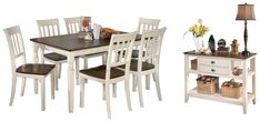 a dining room table and chairs with baskets on the bottom shelf next to each other