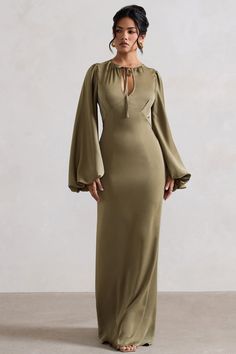 Wild Rose Olive Satin Puff-Sleeve Cut-Out Maxi Dress – Club L London - USA Sleek Hairstyle, Autumn Soft, Wife Aesthetic, Maxi Dresses Uk, Natural Essence, Soft Dramatic, Club L London, Voluminous Sleeves, Soft Autumn